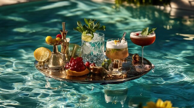 Of a Exclusive floating cocktail selection with stylish glassware, delicate garnishes, and chilled beverages drifting in a private pool