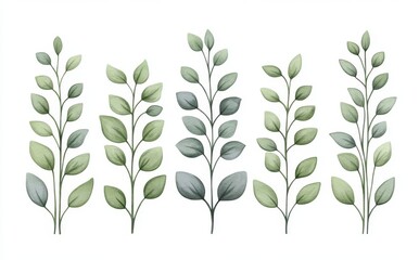 Obraz premium A tranquil picture portrays delicate green foliage and white flowers intertwined, creating a soothing atmosphere. The light pastel background accentuates the scene's natural beauty