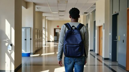 A black teenage boy walking down an empty school hallway with a backpack.