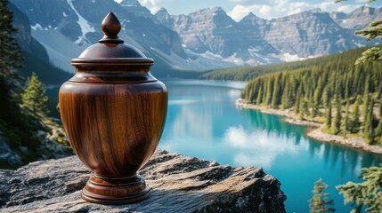 Wooden urn overlooking serene mountain lake