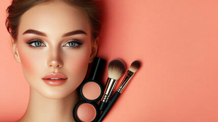 Modern makeup online course, tiny woman professional teach cosmetology skill remote web study flat vector illustration, isolated on white.