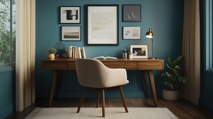 A midcentury modern office space with teal walls decor