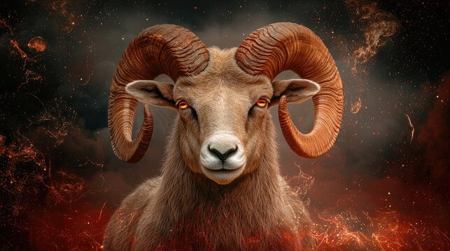 Intense gaze of a wild ram, its large, twisted horns taking center stage.