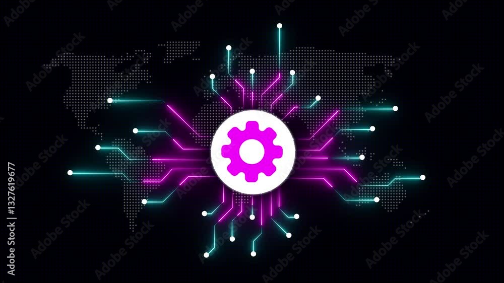 Poster electronic circuit board with settings icon. moving electronic circuit animation on black background