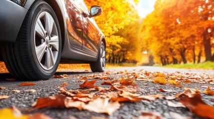 Car parked on autumn road covered with fallen leaves