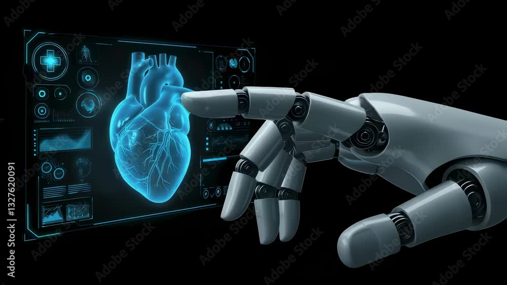 Poster robotic hand analyzing 3d holographic heart model with medical data interface. futuristic ai cardiol