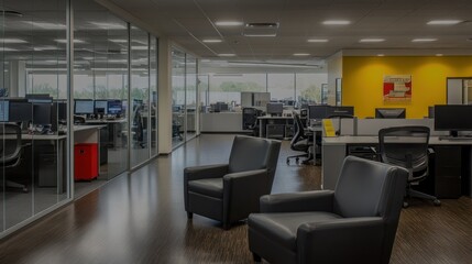 Fototapeta premium Modern office interior showcases open workspace and lounge area