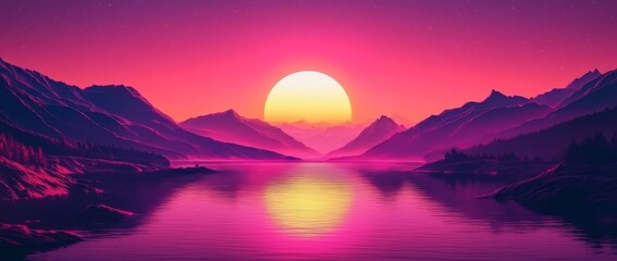 Fototapeta premium Over tranquil waters, a vibrant sunset paints the sky with a large, luminous sun in hues of orange and red, creating a serene and captivating atmosphere