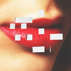 Abstract woman red lips mosaic paper art collage illustration. Some parts of paper are cut out on model's lips. Grunge, noise and motion blur effect applied. Vivid colors, retro vintage style