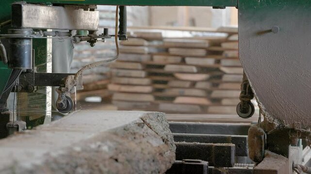 At the sawmill, a saw cuts brown wood. Tree bark and old rusty saw. Close-up. Work at the sawmill. Dust flies from wood and wood chips.