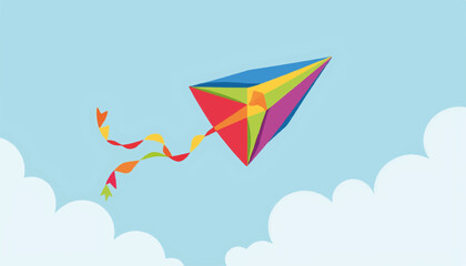 Colorful kite flying in blue sky with fluffy clouds