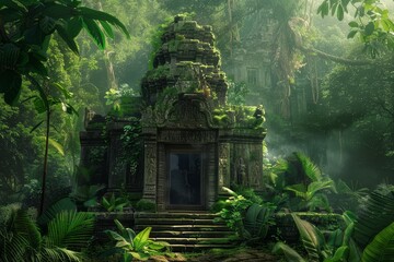 A weathered stone temple stands amidst a dense, verdant jungle, sunlight filtering through the canopy, An ancient temple surrounded by lush jungle vegetation