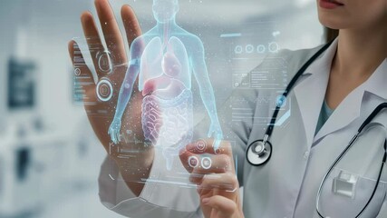 Female doctor examining virtual human body anatomy with holographic interface. Medical visualization technology for diagnosis and treatment in modern healthcare clinic. - Powered by Adobe