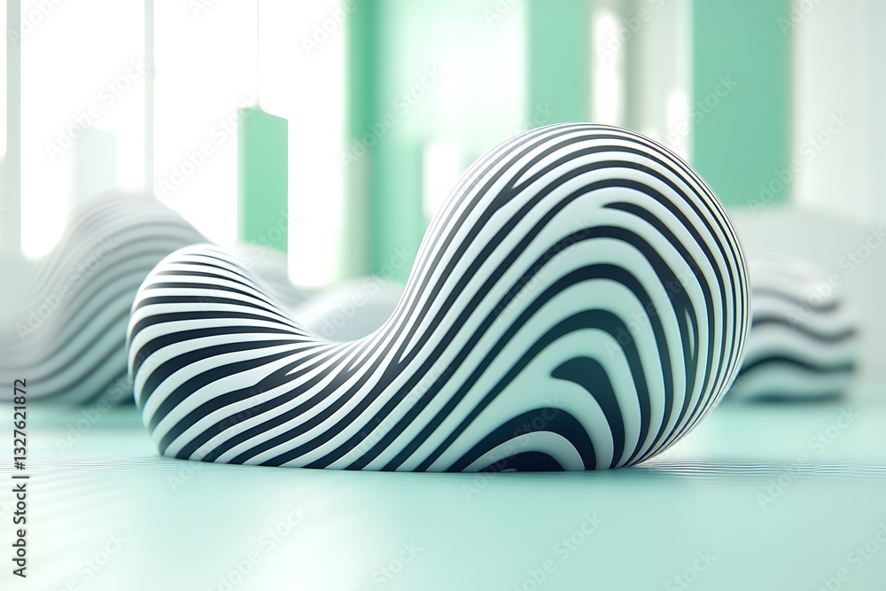 Poster sculptural form with zebra stripes in a minimalist setting composition