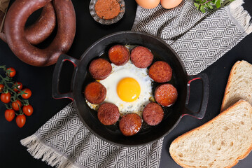 Eggs with a sucuk (sausage) in a pan