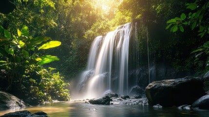Of a Hidden waterfall surrounded by dense jungle with sparkling water catching the summer sunlight