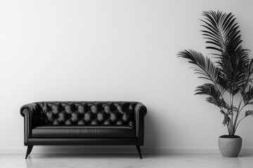 Obraz premium シンプルでモダンなデザインの黒いソファと観葉植物のある室内空間