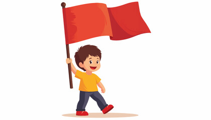 Cheerful boy waving red flag