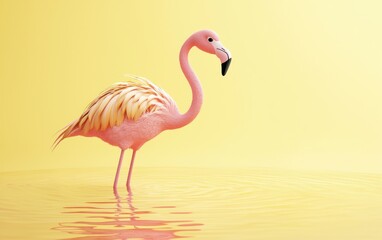Obraz premium Baby flamingo standing in a pond, on a pastel yellow background