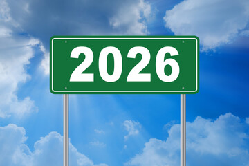 A green colored road sign plaque, showing the number 2026 (number two thousand twenty six). New year concept.