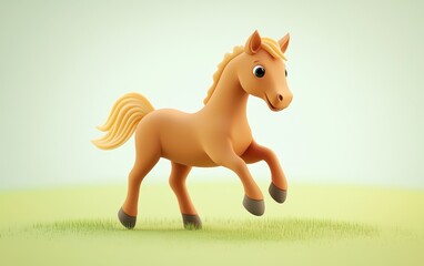 Baby horse trotting in a field, on a pastel soft green background