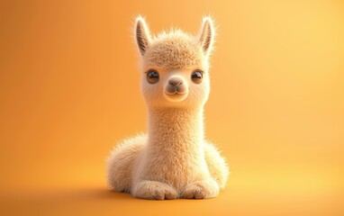 Fototapeta premium Baby llama with fluffy fur, on a pastel orange background