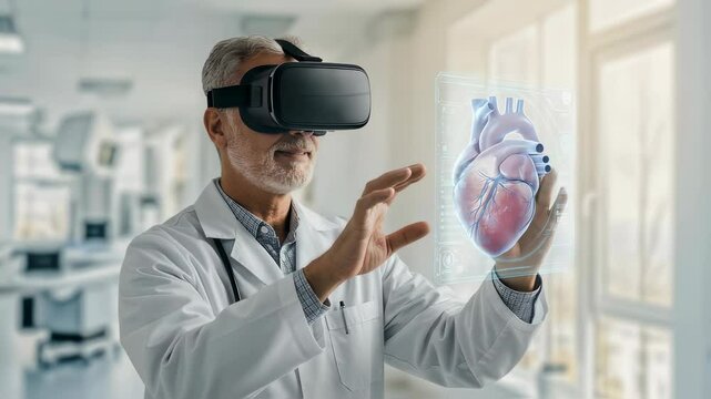 Senior caucasian male doctor using virtual reality headset to examine 3D heart model in hospital. Medical education and treatment innovation in cardiology practice