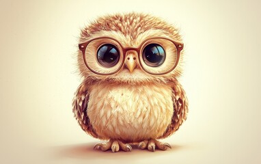 Fototapeta premium Baby owl wearing tiny glasses, sitting on a pastel cream background