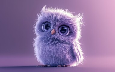 Fototapeta premium Baby owl with fluffy feathers, sitting on a pastel purple background