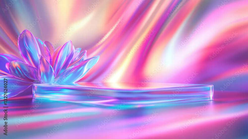 Poster vibrant abstract background with iridescent podium and floral element for design projects