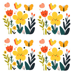 Obraz premium Hand illustration pattern seamless cute children's drawing in bright colors flowers and plants with eyes