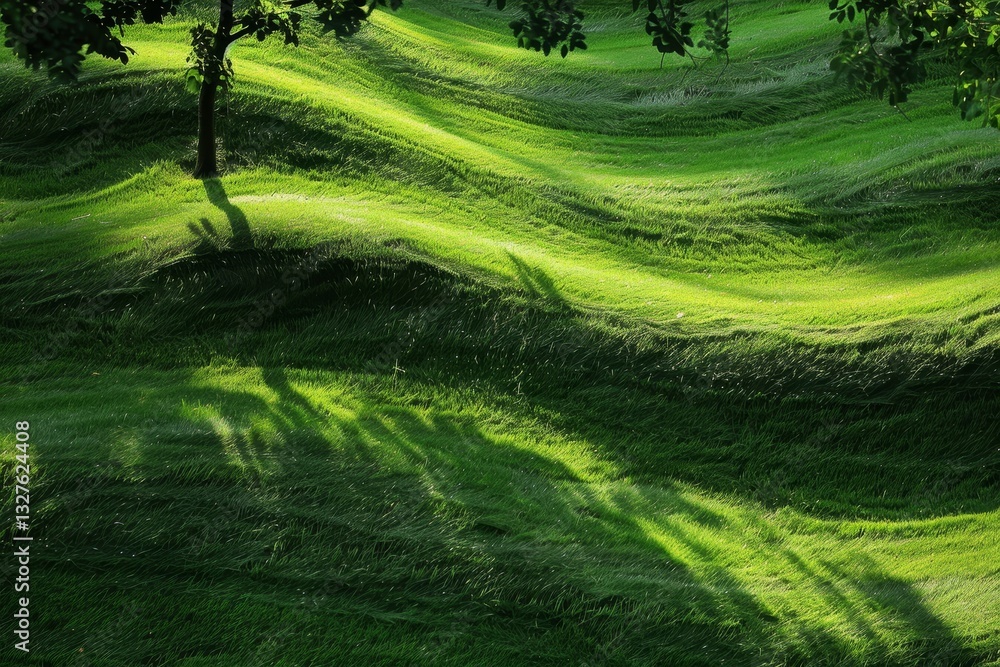 Poster a grassy hillside with a tree casting playful shadows on the lush green surface, playful patterns cr