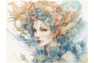 Naklejka premium Watercolor illustration of a fantastic female figure resembling a forest or water nymph. 