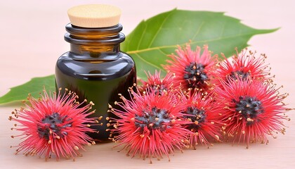 Oil bottle and red flowers on a wooden surface