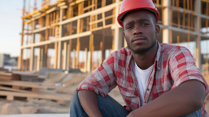 Obraz premium Portrait of a tired african american builder wearing red hardhat sitting and resting during break at construction site