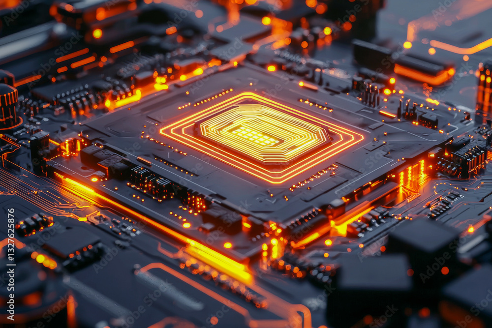 Aufkleber a glowing ai microchip on a futuristic circuit board, symbolizing artificial intelligence, high tech