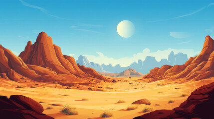 Naklejka premium Desert mountains sandstone wilderness landscape background dry under sun hot dune scenery travel vector illustration.