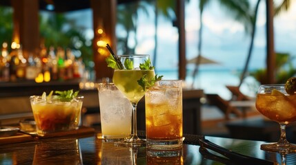Of a Luxury cocktail set on a high-end resort bar, featuring expertly crafted drinks with tropical ingredients and elegant glassware