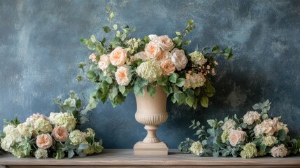 Floral arrangement with roses and hydrangeas against blue background