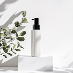White Lotion Bottle with Black Dispenser
A skincare bottle with a sleek black pump, placed on a white pedestal with fresh green leaves in the background.Perfect for organic beauty products.