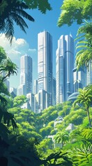 Tall skyscrapers rise above the lush green tropical forest environment