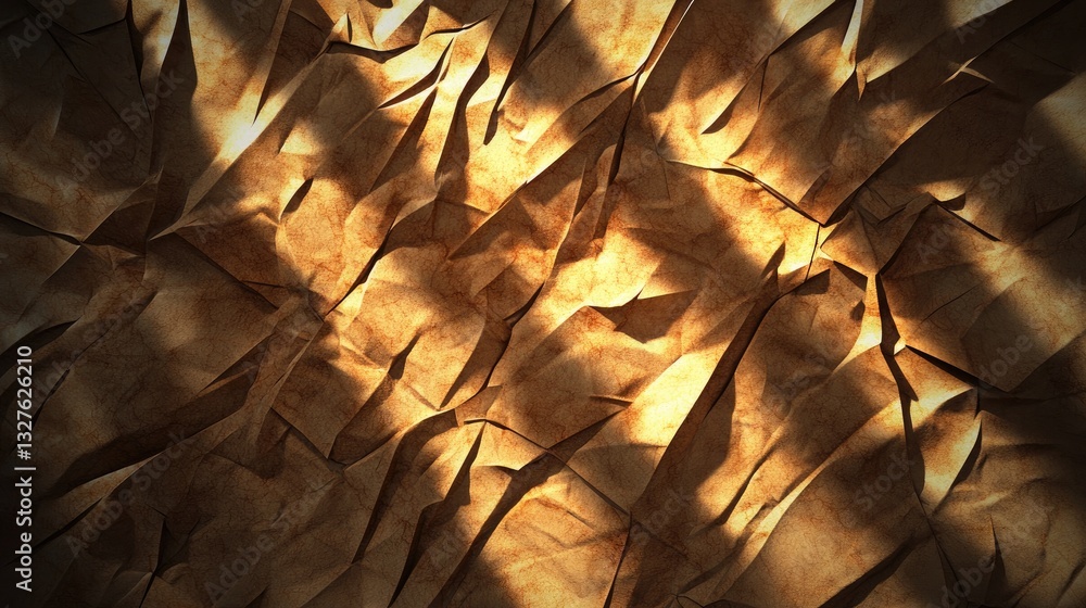 Poster vintage brown crumpled parchment with deep shadows, creating a rustic textured effect.