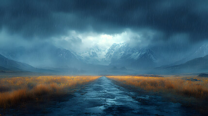Dramatic landscape featuring a stormy sky over a winding road leading to distant mountains
