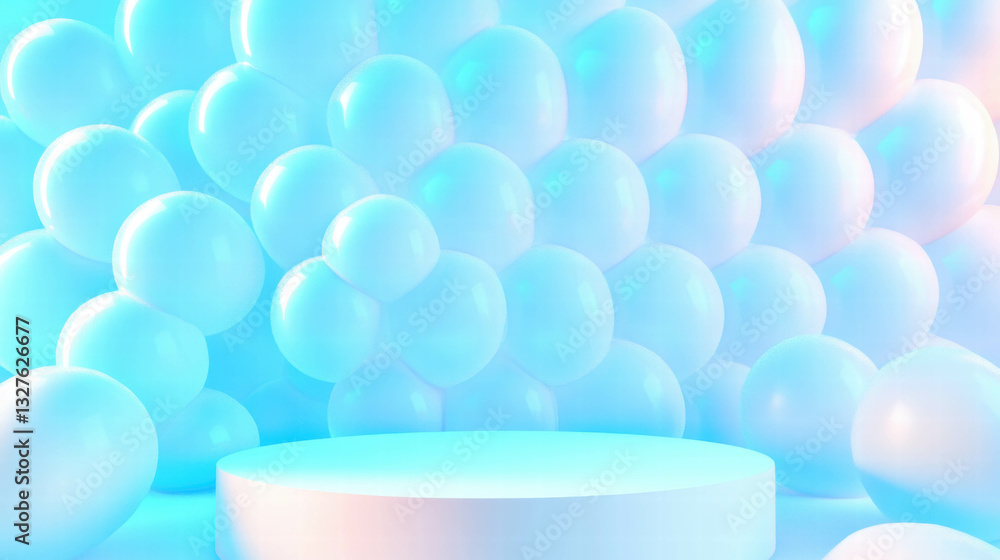 Poster abstract background with podium surrounded by soft interlocking spheres for modern design concepts