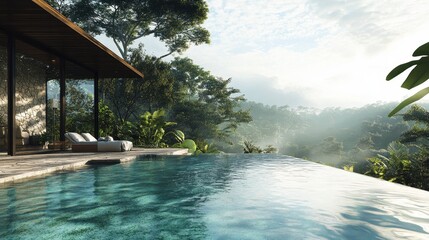 Obraz premium Of a Infinity pool at a designer eco-resort, blending seamlessly with the jungle landscape and natural elements