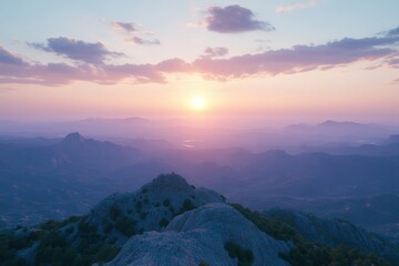 Fototapeta premium A mesmerizing abstract landscape with rolling mountains in bold purples and blues, highlighted by a dreamy pink sky, resulting in a serene and ethereal setting