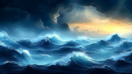 Dramatic seascape at sunset with turbulent waves and dark stormy clouds in the background