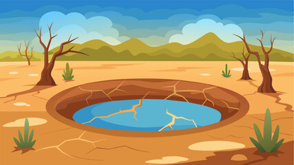 The once lush pond now a mere indentation in the dry earth serves as a reminder of the devastating effects of drought on farming.. Vector illustration