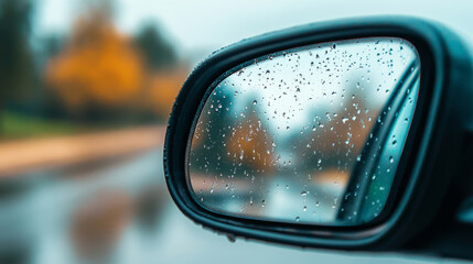 Close up of raindrops on a car side mirror, reflecting a blurred autumn landscape during a rainy day, creating a moody and atmospheric scene