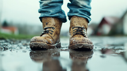 Child's legs in muddy rain boots playfully stomping, jumping through water puddle, celebrating childhood freedom and messy outdoor enjoyment